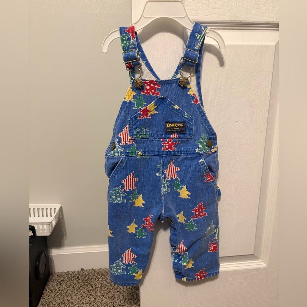 Vintage OshKosh B’gosh Clown Print Denim Overalls 12M | Retro Baby Outfit - Picture 2 of 5